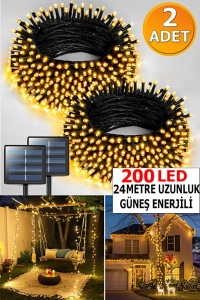 2 Adet 100 LED 12 Metre Kablolu Güneş Enerjili Peri LED Işık Seti | Toplam 200 LED 24 Metre | 8 Mod | IP65 Dış 